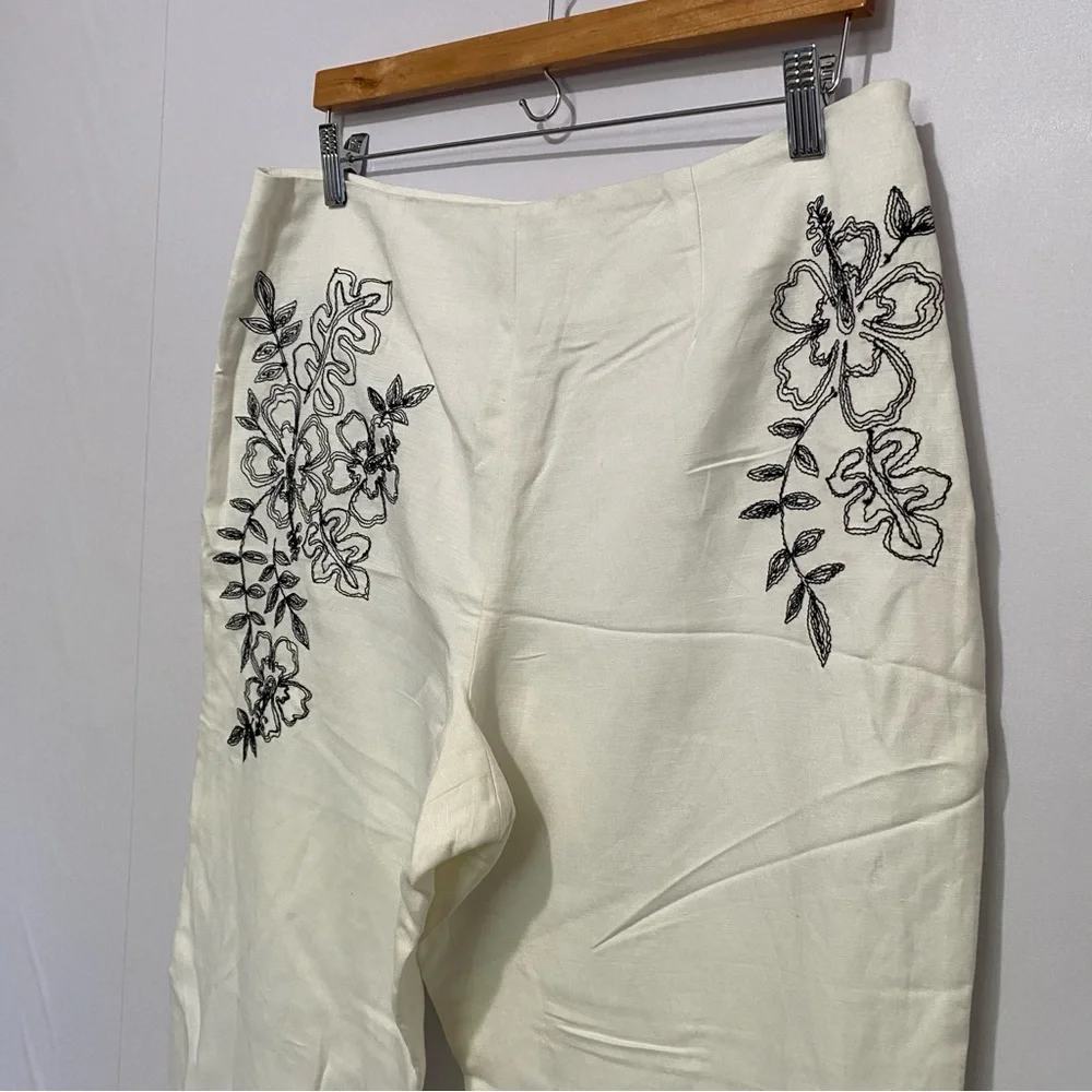 Alexandra Bartlett Women's Linen-Blend Pant Size 14 White Floral‎ Embroidered